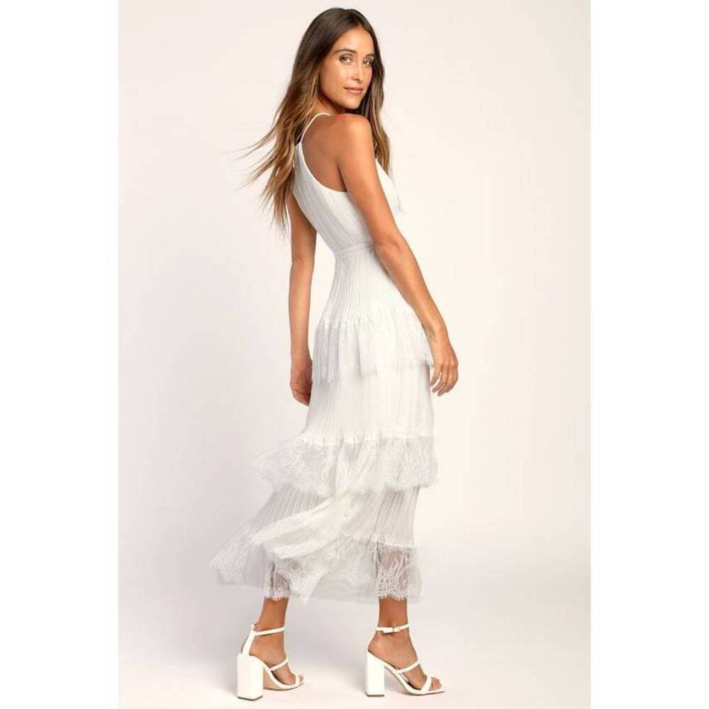 Lulus Came For Cocktails White Pleated Tiered Lace Maxi Dress - Size S